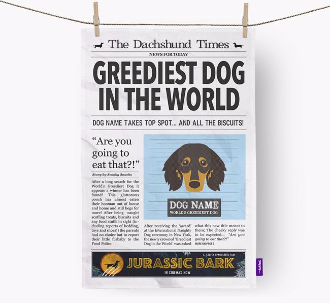 The {breedShortName} Times 'Greediest Dog In The World' Personalised Tea Towel